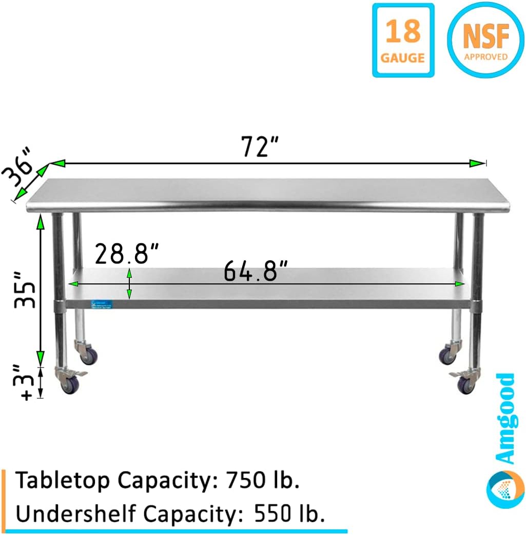 AmGood 72" Long x 36" Deep Stainless Steel Table with Casters