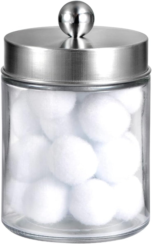 Amolliar Apothecary Jars Bathroom Vanity Organizer -Countertop Canister Jar with Storage Lid - Qtip Dispenser Holder Glass for Qtips,Cotton Swabs,Makeup Sponges ,Hair Band - Brushed Nickel (1 Pack)