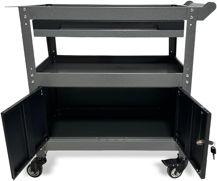 3 Tier Steel Rolling Cart for Tool Organizer, Industrial Grade Utility Service Carts with Drawer & Storage Lockable Cabinet, for Workshop Repair Shop Garage