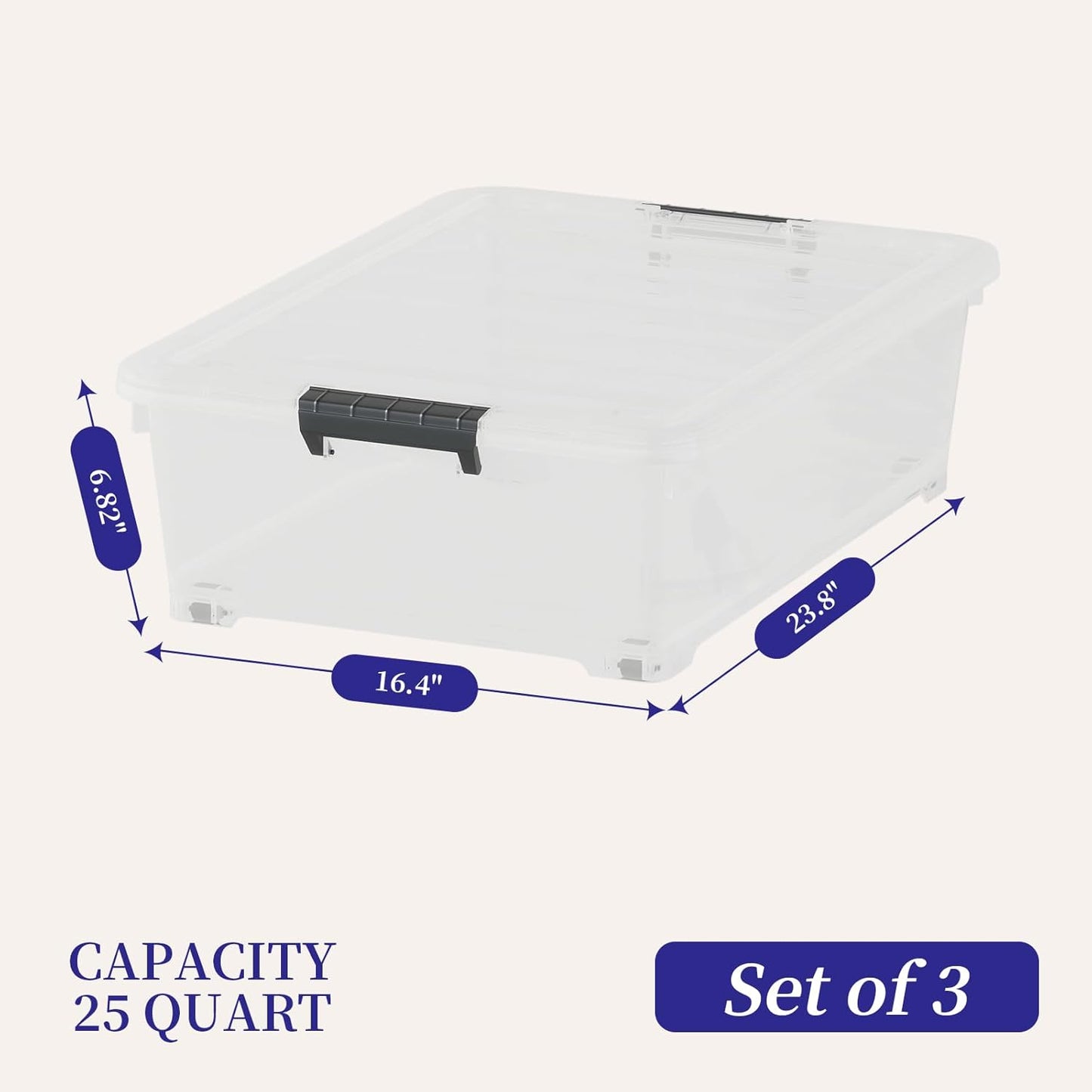 3-Pack Clear Plastic Underbed Storage Bins with Lids & Wheels, Rolling Under Bed Shoe Storage Containers, 25 Qt