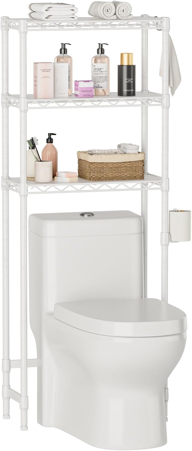 Over The Toilet Shelf,3-Tier Adjustable Freestanding Metal Bathroom Organizer Shelves with Toilet Paper Holder & Hooks,Space-Saving for Narrow Small Bathroom,10”D x 24”W x 66”H,White