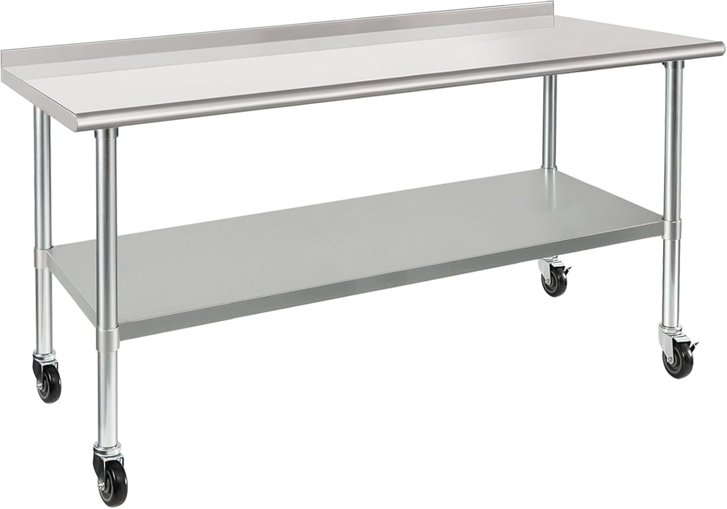 HARDURA Stainless Steel Table with Wheels 30X72 Inches NSF Heavy Duty Commercial Prep Table with 2” Backsplash and Adjustable Undershelf for Food Prep