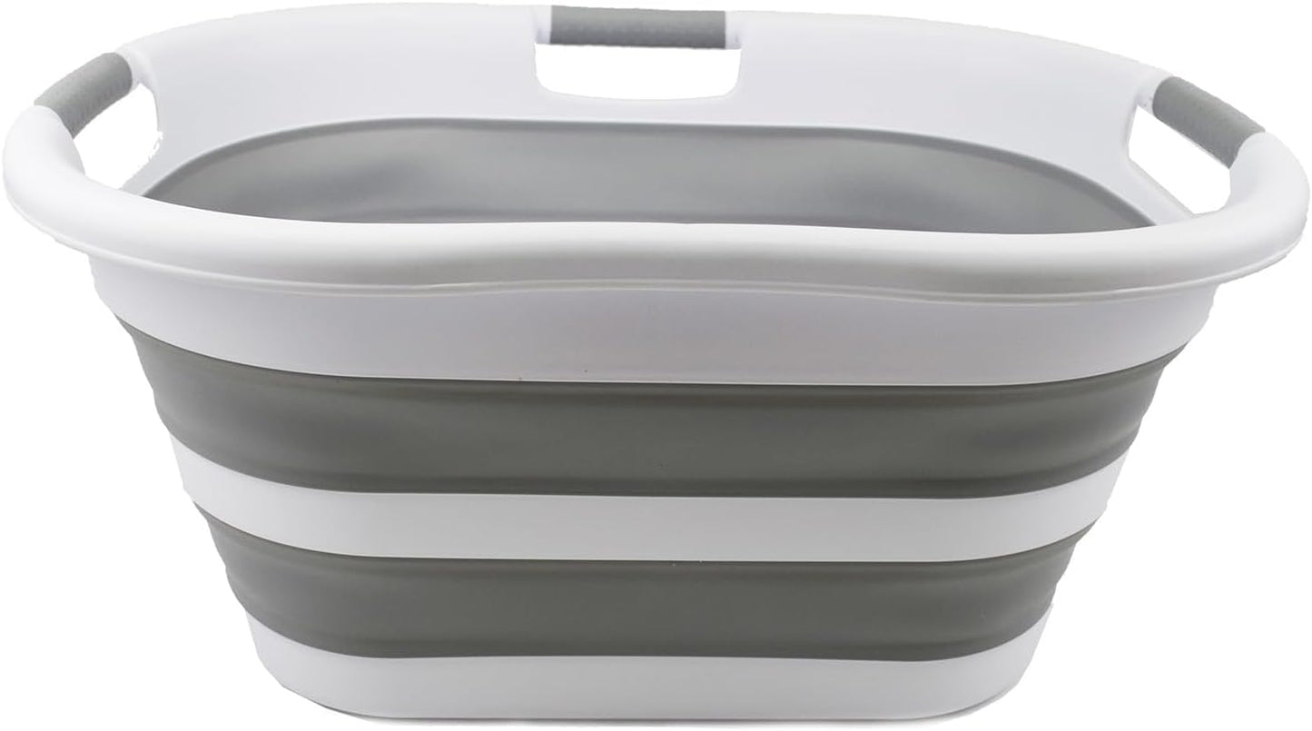 SAMMART 40L (10.5 gallon) Collapsible Plastic Laundry Basket - Space Saving Storage Container - Portable Washing Tub - Foldable Pop Up Hamper/Basket (1, White/Grey)