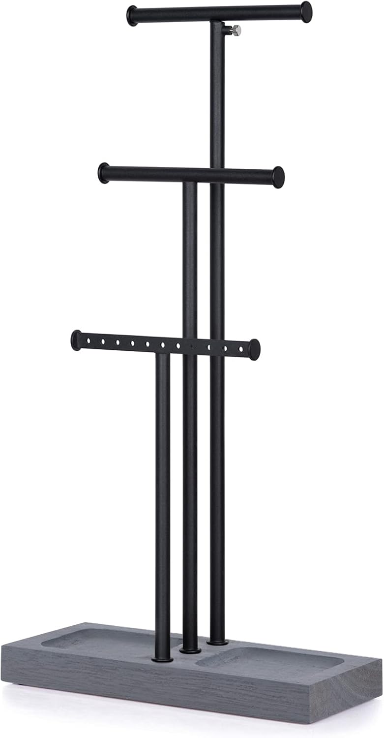 Love-KANKEI Jewelry Organizer Stand Metal & Wood Base and Large Storage Necklaces Bracelets Earrings Holder Organizer Gift Black and Weathered Grey