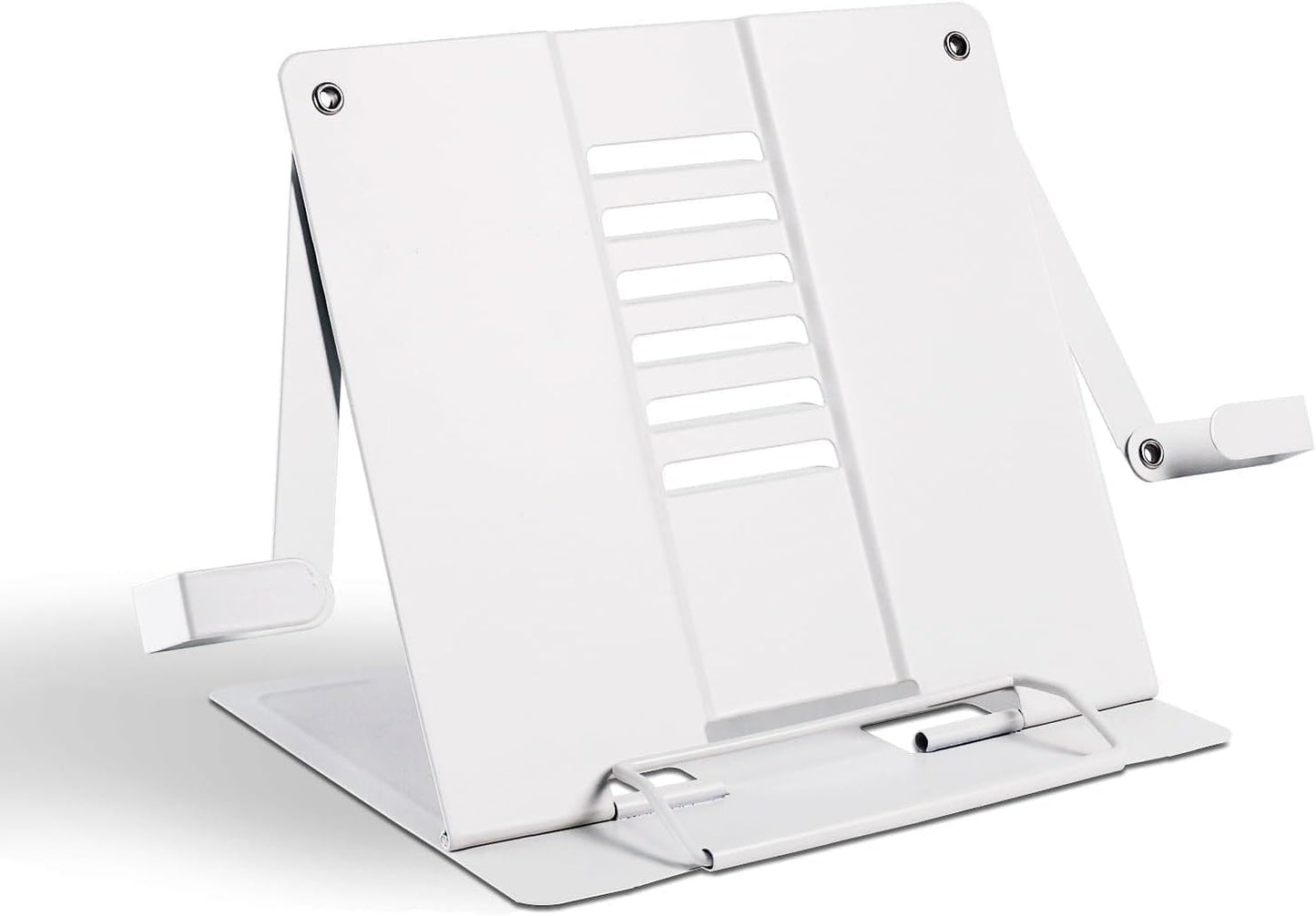 Metal Desk Book Stand for Reading with Adjustable Clips, Hands-Free Foldable Book Holder for Kids, Portable Document Stand for Desk, Display Stand for Recipes, Cookbooks, Tablets - White
