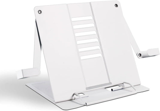 Metal Desk Book Stand for Reading with Adjustable Clips, Hands-Free Foldable Book Holder for Kids, Portable Document Stand for Desk, Display Stand for Recipes, Cookbooks, Tablets - White