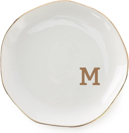Initials Ring Dish Jewery Tray with Personalized M-Monogrammed Mother's Day Gifts Wedding Engagement for Women Friends sister,Ceramic White