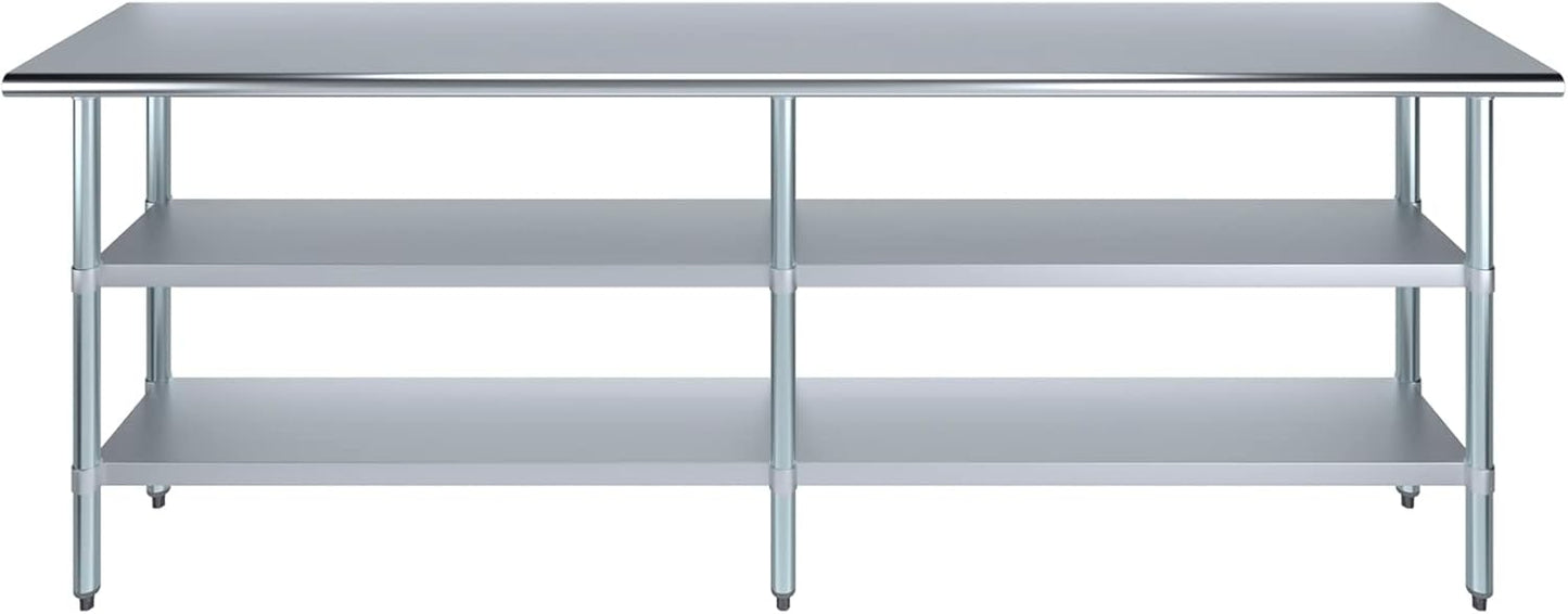 AmGood Stainless Steel Work Table with 2 Shelves | NSF | Metal Utility Table (96" Long x 18" Deep)
