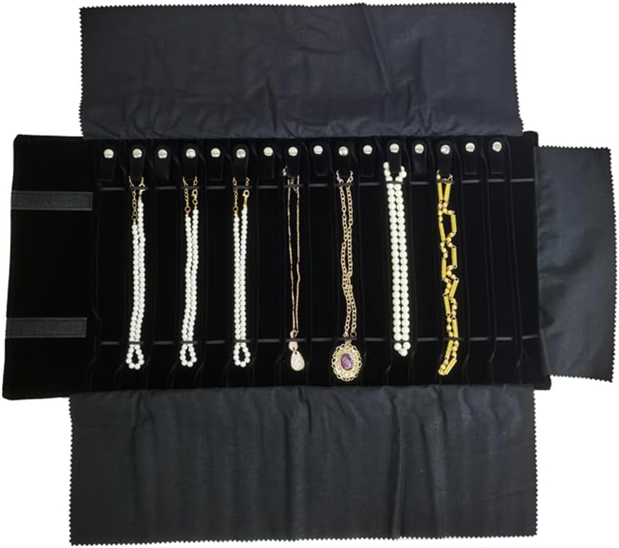 Portable Jewelry Roll Untangled Secure Necklace Travel Storage Bag Displays Holder 16 Chain (Gray PU and Black Velvet)