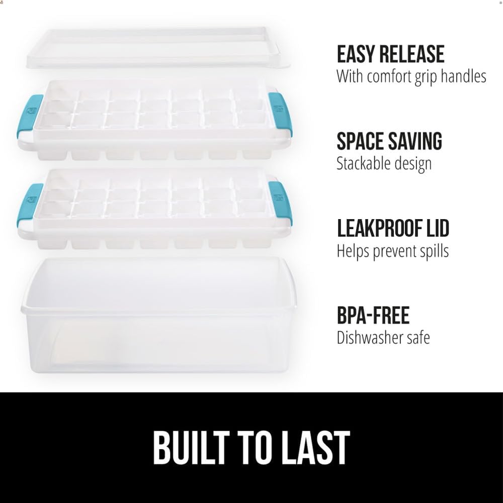 GORILLA GRIP BPA-Free Easy Release Ice Cube Tray for Freezer, Make Lots of Ice, 56 Cubes Total, Kit Includes 2 Stackable Leakproof Trays with Lid and Soft Handle Grips, Scooper, Bin, Turquoise