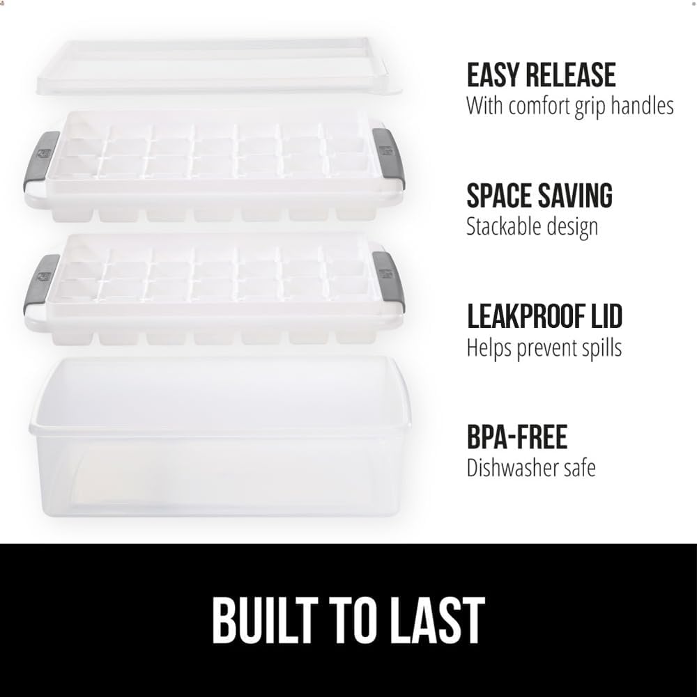 GORILLA GRIP BPA-Free Easy Release Ice Cube Tray for Freezer, Make Lots of Ice, 56 Cubes Total, Kit Includes 2 Stackable Leakproof Trays with Lid and Soft Handle Grips, Scooper, Bin, For Coffee, Gray