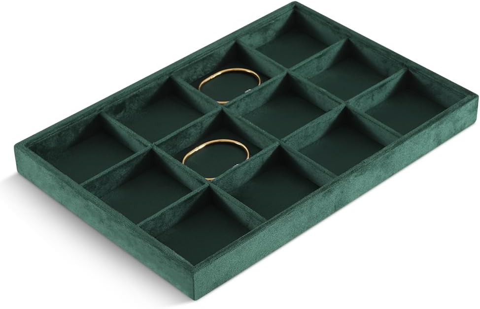 Velvet Stackable Jewelry Display Tray, 12 Grid Watch Bangle Bracelet Storage Tray, Makeup Drawer Insert Jewelry Shop Organizer Plate (Green)