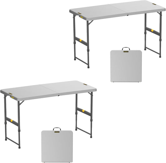 FanttikOutdoor 4ft Portable Folding Table, One-Handed Height Adjustment, 4 Heights, Gravity Lock, Carry Handle, Indoor Outdoor Heavy Duty Fold-in-Half Utility Table, Party, 2-Pack, Grey Zeta X4 Pro