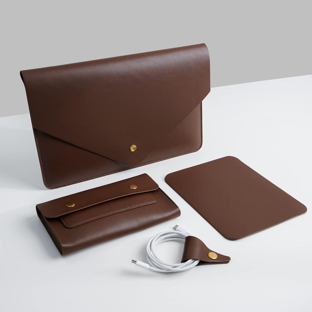 PU Leather Laptop Sleeve 13 Inch Compatible for 13 MacBook Air M3 M2,13 MacBook Pro M2, Surface Pro, Dell XPS 13 with Small Pouch, Mouse Pad and Cord Organizer Color Dark Brown