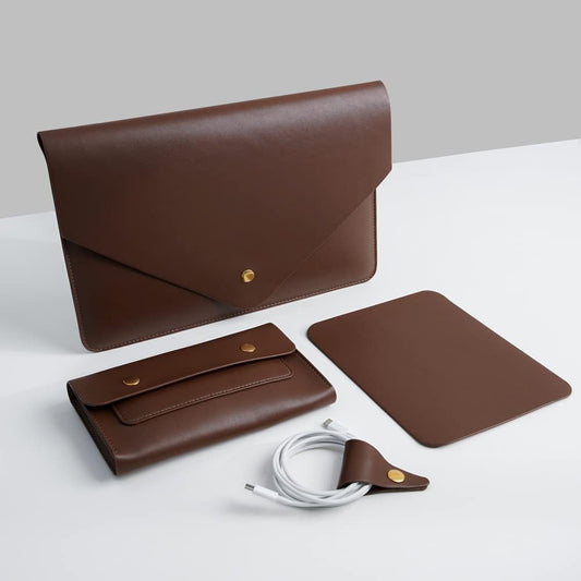 PU Leather Laptop Sleeve 13 Inch Compatible for 13 MacBook Air M3 M2,13 MacBook Pro M2, Surface Pro, Dell XPS 13 with Small Pouch, Mouse Pad and Cord Organizer Color Dark Brown