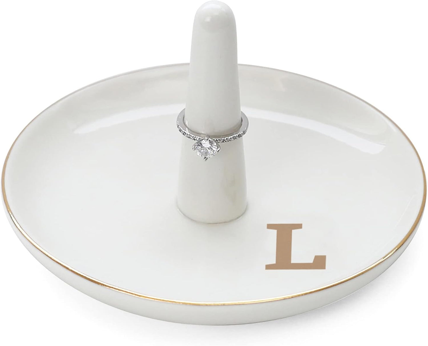 HOME SMILE Initials Ring Holder Jewery Tray with personalized L-Monogrammed Engagement Gifts for Friends,Birthday Mother's Day Christmas Gifts for Women,Ceramic White