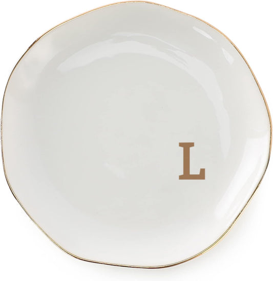 Initials Ring Dish Jewery Tray with personalized L-Monogrammed Gifts Wedding Engagement for Women Friends sister,Ceramic White