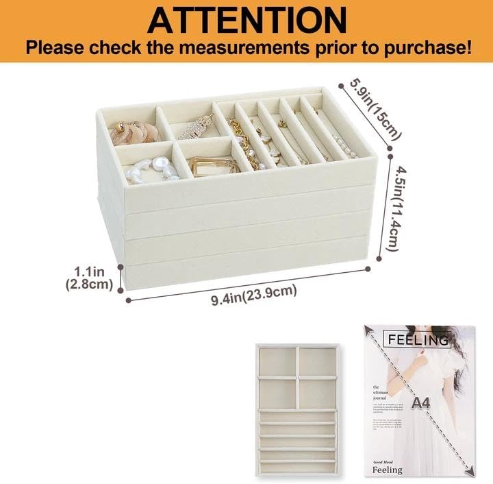 ProCase Stackable Jewelry Organizer Trays for Drawers, Jewelry Drawer Inserts Container Display Case Storage for Earring Necklace Rings Bracelet with Removable Dividers -Beige, 4 Layers