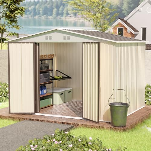 Outdoor Sheds 10FT x 8FT Outdoor Storage Metal Anti-Corrosion Utility Tool House with Lockable Door & Shutter Vents Outdoor Waterproof Garden Tool Storage Sheds with Metal Foundation