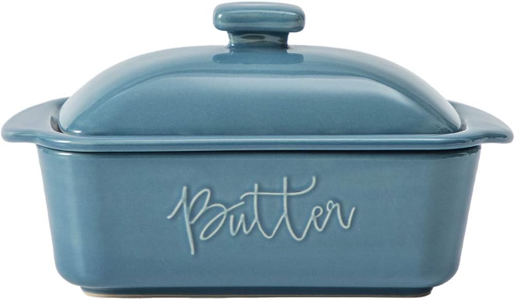 FE Butter Dish, 10 oz Ceramic Butter Keeper with Water Line, French Butter Dish with Lid for Countertop (Blue)
