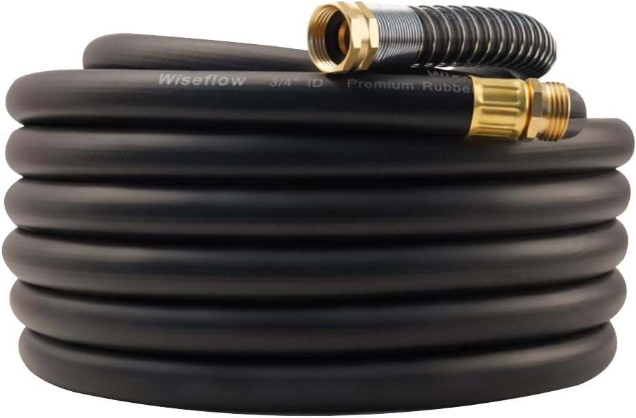 WiseFlow Garden Hose 50FT x 3/4", Heavy Duty Rubber Hose, Water Hose with Five Layered Braiding, Male Female Fittings, 1000PSI Burst, 300PSI Working (Black)