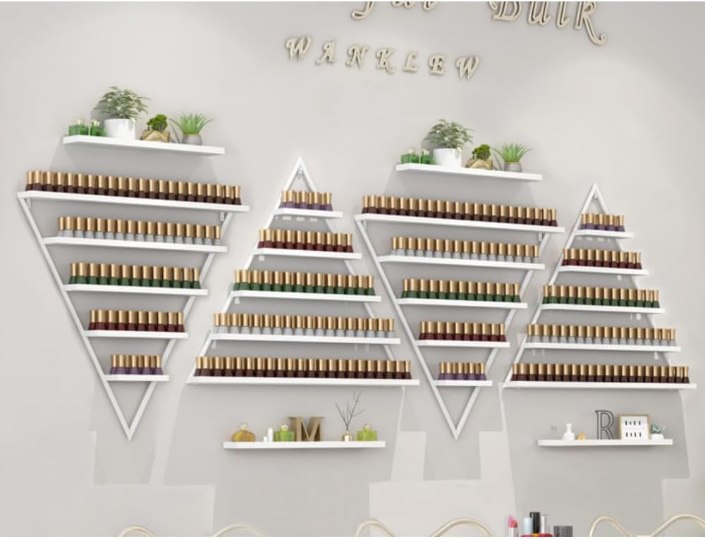 Elegant Gold Wall Mounted Nail Polish Rack - Set of 6 Triangular Cosmetic Display Shelves for Essential Oil Bottles, Organize Your Lipsticks and Perfumes in Style at Home or Salon (White)