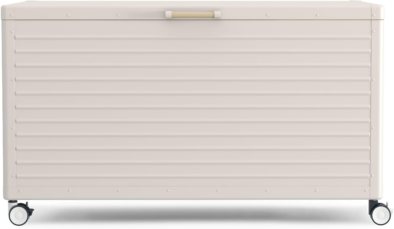 MIRADOR 134 Gallon Outdoor Storage Box Waterproof, Metal Deck Box with wheels for Patio Furniture, Garden Tools, Outdoor Cushion, Latte