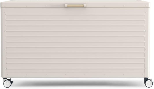 MIRADOR 134 Gallon Outdoor Storage Box Waterproof, Metal Deck Box with wheels for Patio Furniture, Garden Tools, Outdoor Cushion, Latte