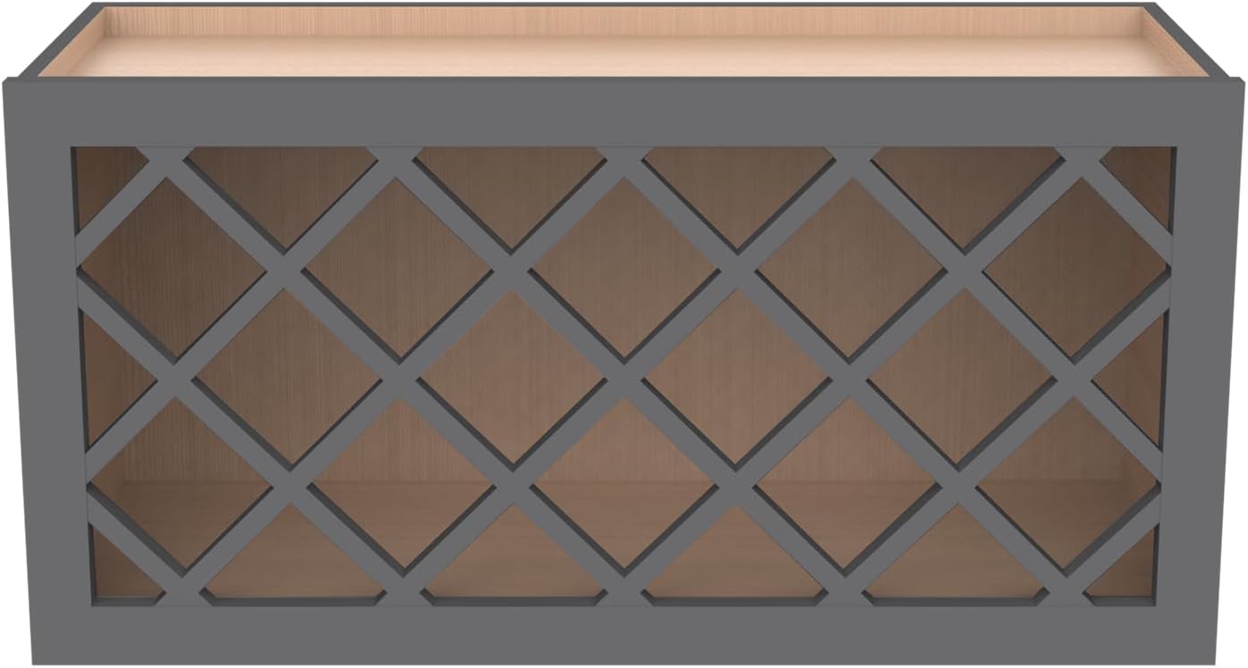 Solid Wood RTA Wine Bottle Rack Wall Cabinet with Lattice Panels - Wine Storage for Bar, Pantry, Cellar & Countertop - Mocha (Pebble Gray, 36'W 12'D 15'H)