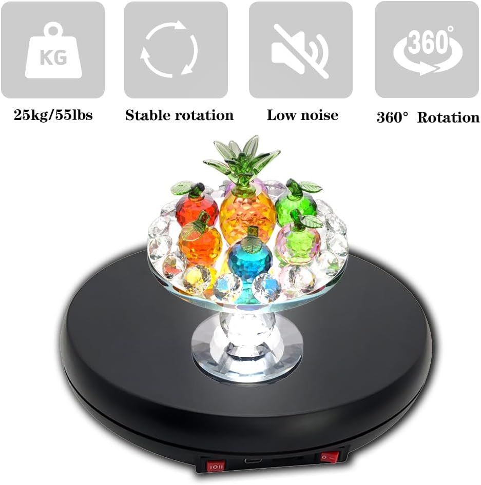 JAYEGT Motorized Rotating Display Stand with LED Light , 10 inch /55lbs Load, 360 Degree Electronic Photography Turntable for Product Show, Jewelry, Crystal Art (Black / 5 Colors LED Light /Rechargeable)