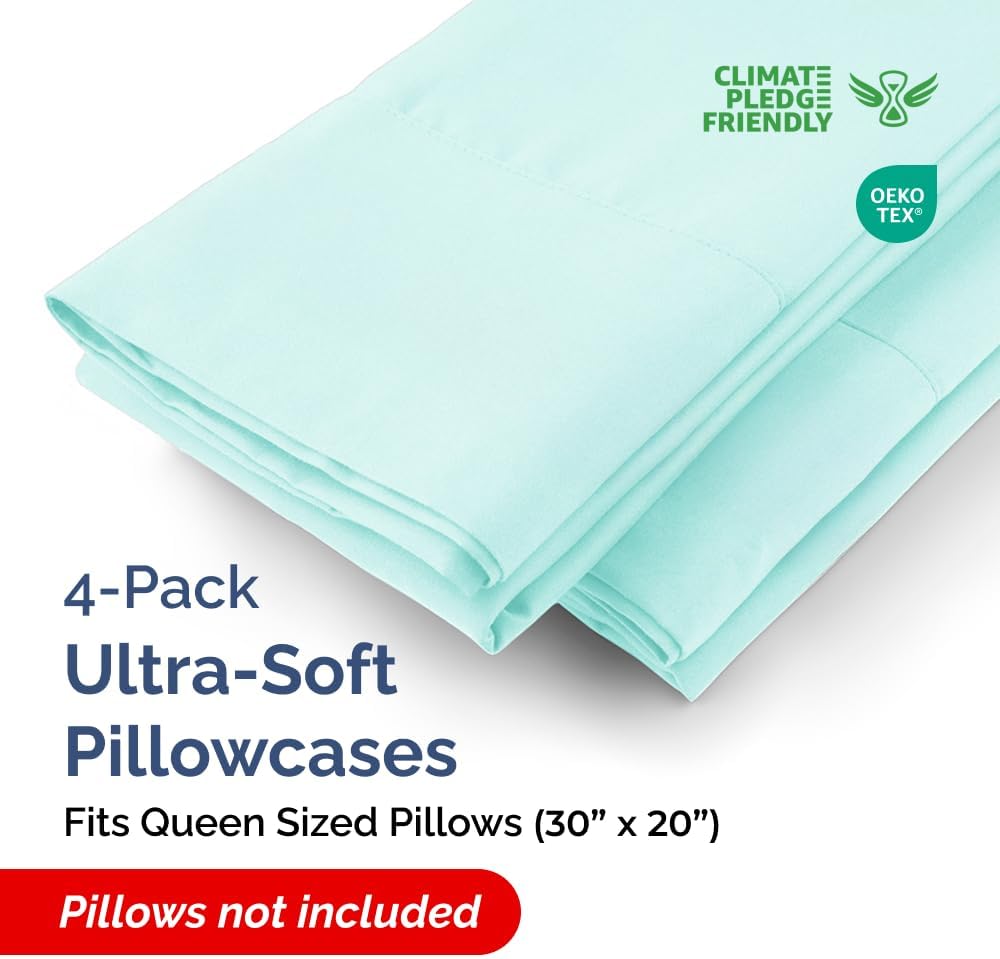 Queen Pillow Cases - 4 Pack - Super Soft Pillowcase Covers - Envelope Enclosure - Hotel Quality Pillow Protectors - Wrinkle Free, Shrink and Stain Resistant - Machine Washable - 20" x 30" (Spa Blue)