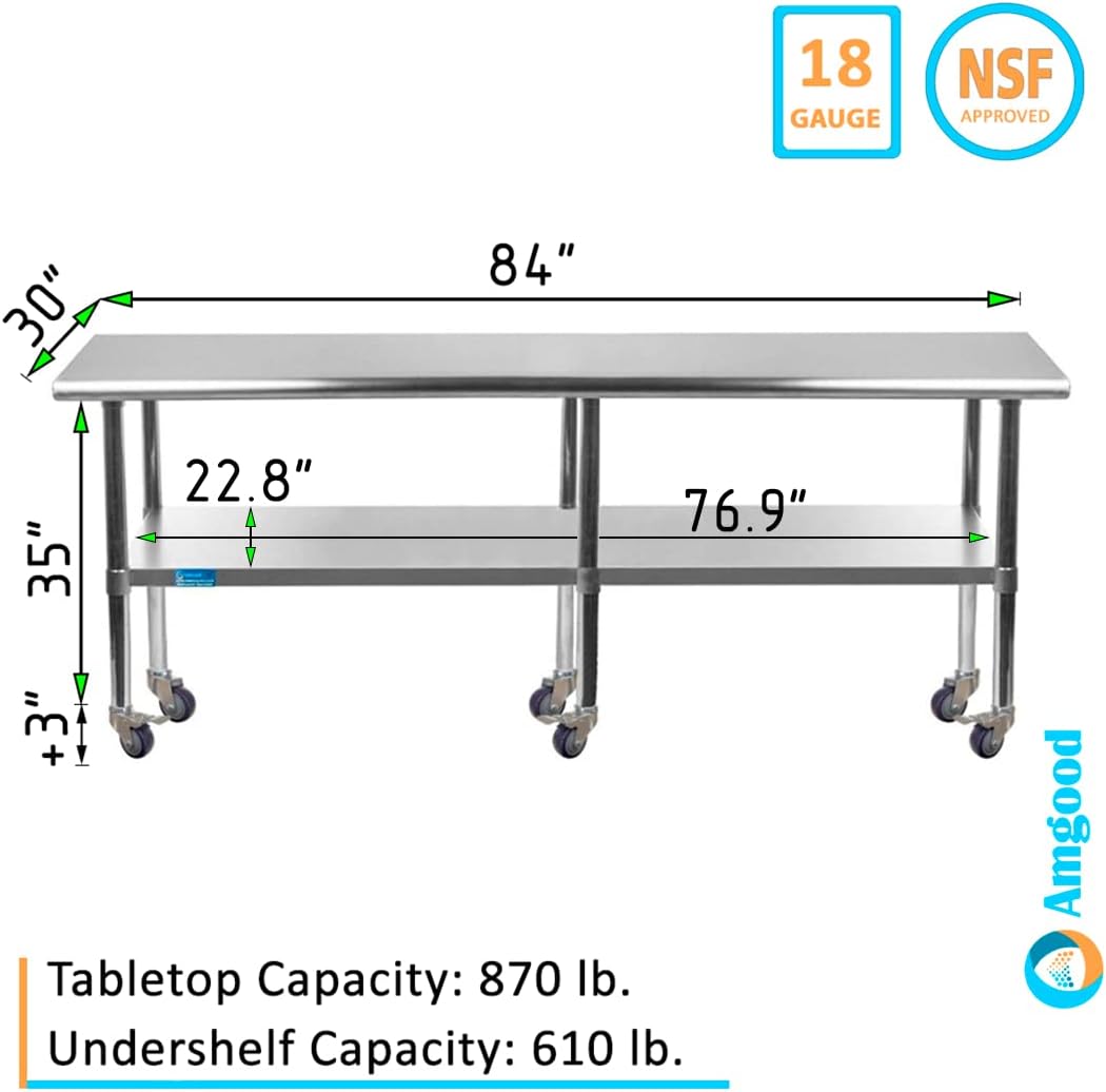 AmGood 84" Long x 30" Deep Stainless Steel Table with Casters