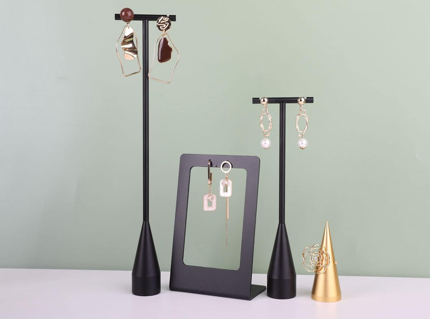 GemeShou 2pcs Black earring display T bar stand, Big jewelry earring holders for Boutique Store, Jewelry holders high enough for long earring necklace【Black-2pcs Height 7.9" and 11"】