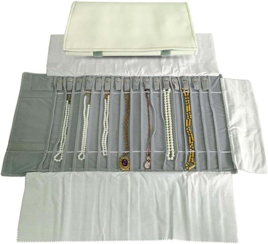 Portable Jewelry Roll Untangled Secure Necklace Travel Storage Bag Displays Holder 16 Chain (Gray PU and Gray Velvet)