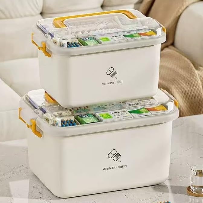 Plastic Medicine Storage Organizer & First Aid Box, Medicine Box with Handles, Multipurpose Medical Supply Organizer with Removable Tray for Home, Office & Travel（small）
