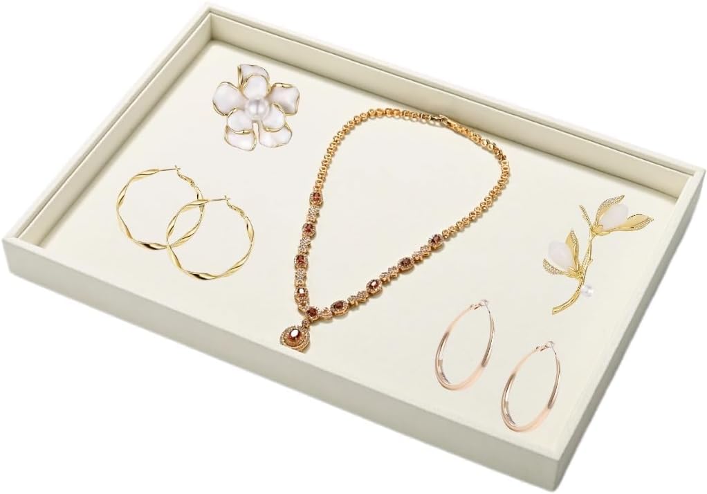 Microfiber Jewelry Display Tray, Stackable Jewelry Drawer Organizer Trays, Ring Necklace Watch Perfume Organizer Display Tray (Beige)