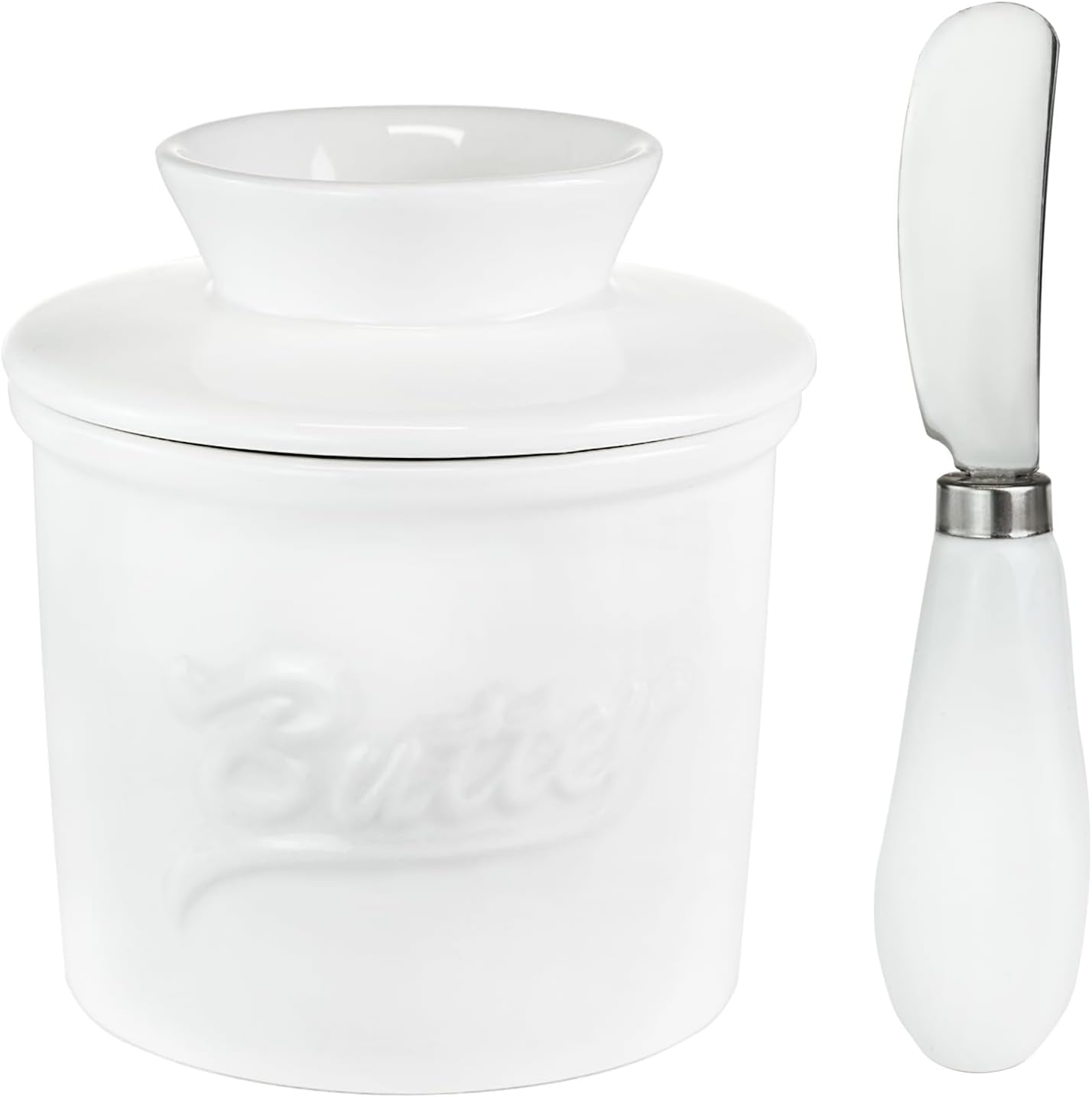 Ceramic Butter Crock with Lid & Spreader Knife, Butter Keeper - Ideal Butter Storage & Countertop Butter Dish, White