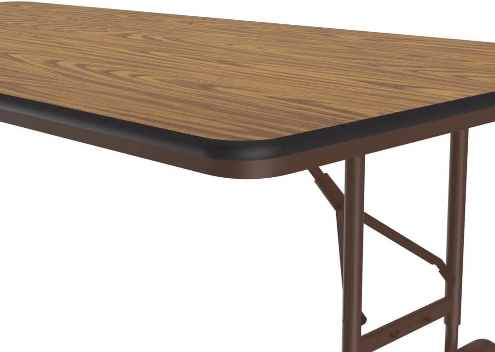 Correll Heavy Duty Adjustable Height Utility Folding Table, Melamine Top, USA Made, Strong Steel Apron, 30"x96", Medium Oak Top Brown Edge