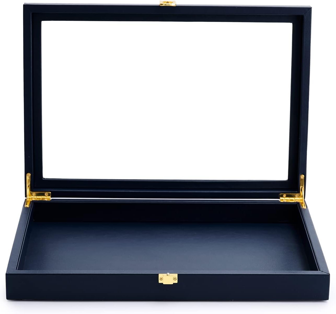 Oirlv Premium Blue Leather Flat Jewelry Tray with Acrylic Lid Jewelry Organizer Case Showcase Big Necklace Display Organizer Box with Locks for Security