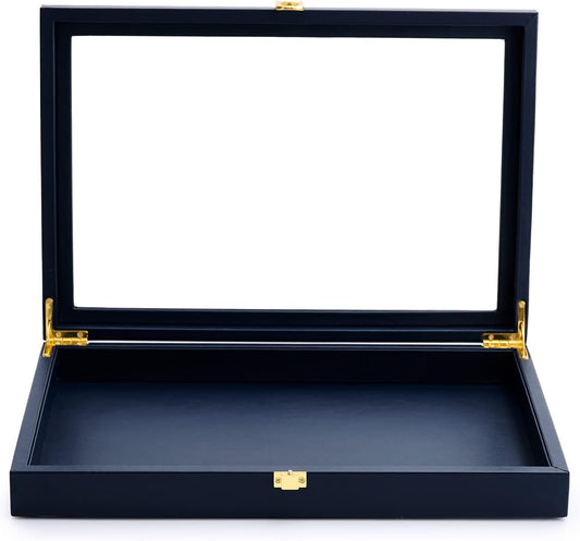 Oirlv Premium Blue Leather Flat Jewelry Tray with Acrylic Lid Jewelry Organizer Case Showcase Big Necklace Display Organizer Box with Locks for Security