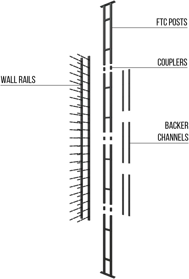Ultra Wine Racks Floor-to-Ceiling Mount Display (1 Side, Triple Deep, Black, Holds 63 Wine Bottles) - Modern Metal Wine Storage for Wine Cellars, Home Bars, Kitchens, and Dining Rooms