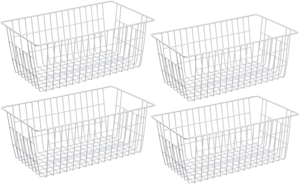 Freezer Wire Storage Organizer Bin Baskets with Handles, Metal Wire Baskets Storage for Organizing Fridge, Closets, Pantry, Kitchen, Garage, Bathroom, White - 4 Pack