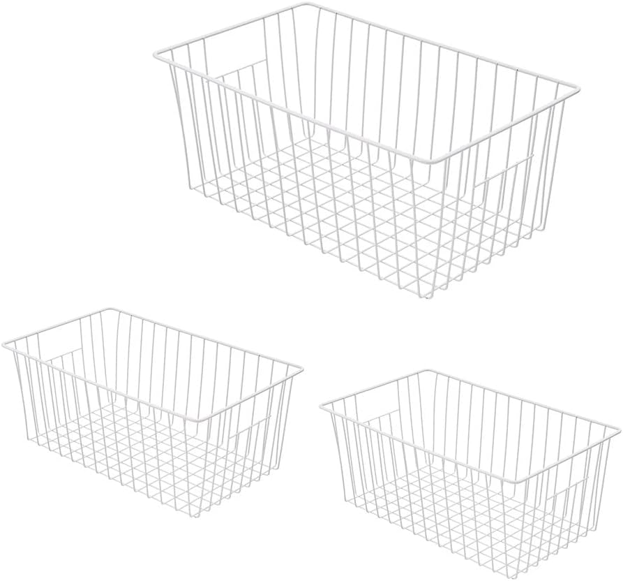 16Lx12W inch Wider Freezer Storage Organizer Baskets Container, Deep Metal Wire Chest Upright Refrigerator Divider Bins with Built-in Handles for Cabinet, Pantry, Closet, Kitchen(3)