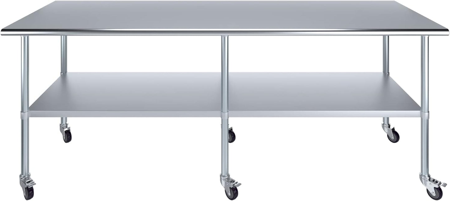 AmGood 30" x 96" Stainless Steel Work Table with Casters | Heavy Duty Metal Utility Table On Wheels | Kitchen Island Cart