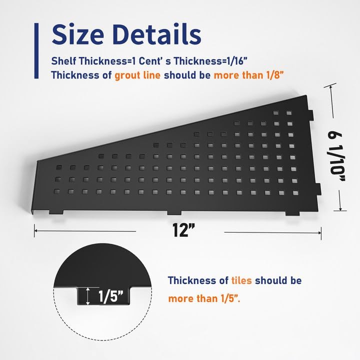 Corner Shower Shelf, Matte Black 12" 304 Stainless Steel Trapezoid Grout in Shelf with Grid Hollows Design, Recessed Bathroom Shelves for Tiled Wall Retrofit, 2 Pack