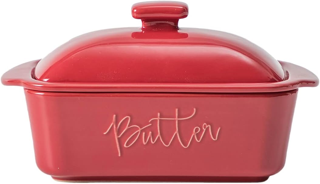 FE Butter Dish, 10 oz Ceramic Butter Keeper with Water Line, French Butter Dish with Lid for Countertop (Apple Red)