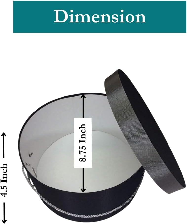 Sarah's Hat Boxes Classic Black/Gray Hat Box – 8.75" x 4.5" (Dia. x Ht.) Handmade in USA – Odorless Non-Toxic Adhesive, Cording Handle – Premium Storage for Hats & Accessories