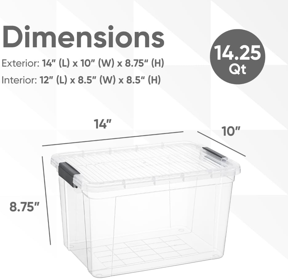 Superio Clear Storage Boxes with Lids, 14.25 Quart Plastic Container Bins for Organizing, Stackable Crates, BPA Free, Non Toxic, Odor Free, Organizers for Home, Office and Dorm, 8 Pack