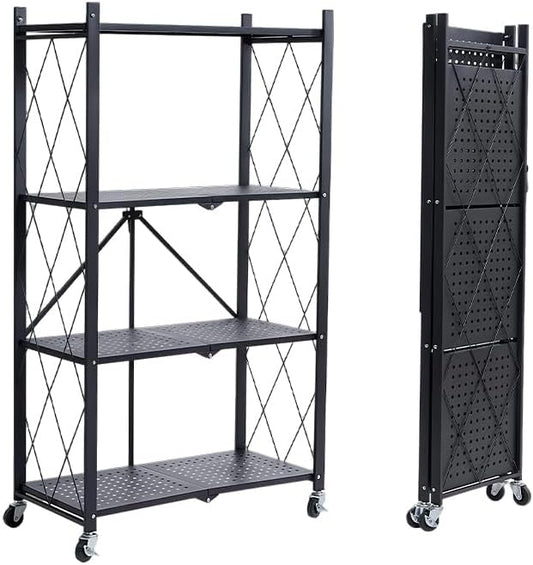 Four-Layer Foldable Storage Metal Shelf with Locking Wheels,Easy Assembly and Move Space-Saving Shelves Organizer Suitable for Kitchen, Pantry and Closet-28.54" L x 14.17" W x 46.06" H