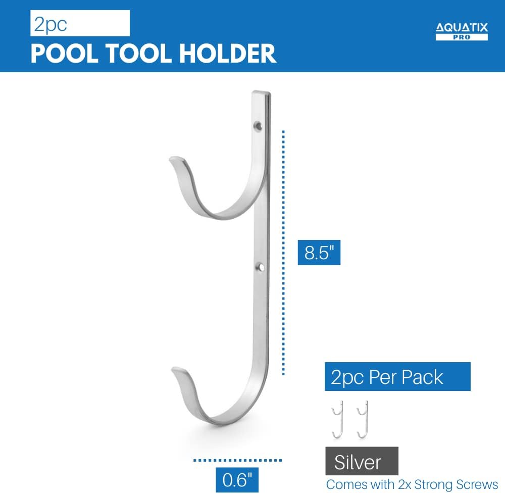 Aquatix Pro Pool Pole Hanger Premium 2pc Aluminium Holder Set, Ideal Hooks for Telescopic Poles, Skimmers, Leaf Rakes, Nets, Brushes, Vacuum Hose, Garden Tools and Swimming Pool Accessories (1)